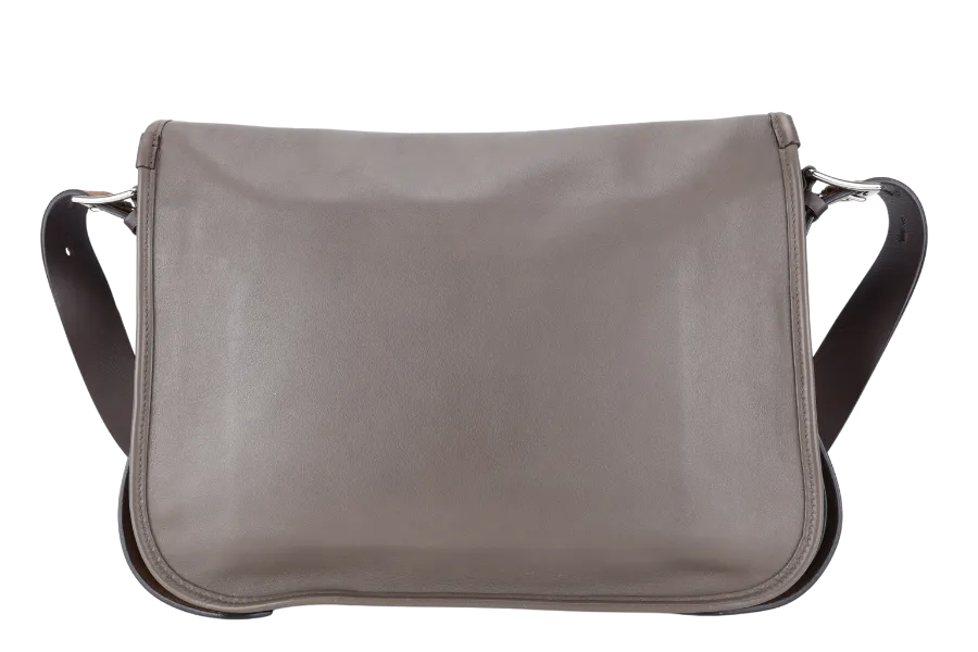 HERMES BARDA 35 ETOUPE SWIFT LEATHER MESSENGER BAG PALLADIUM HARDWARE STAMP P SQUARE (YEAR 2012) WITH LEATHER AND STRAPS