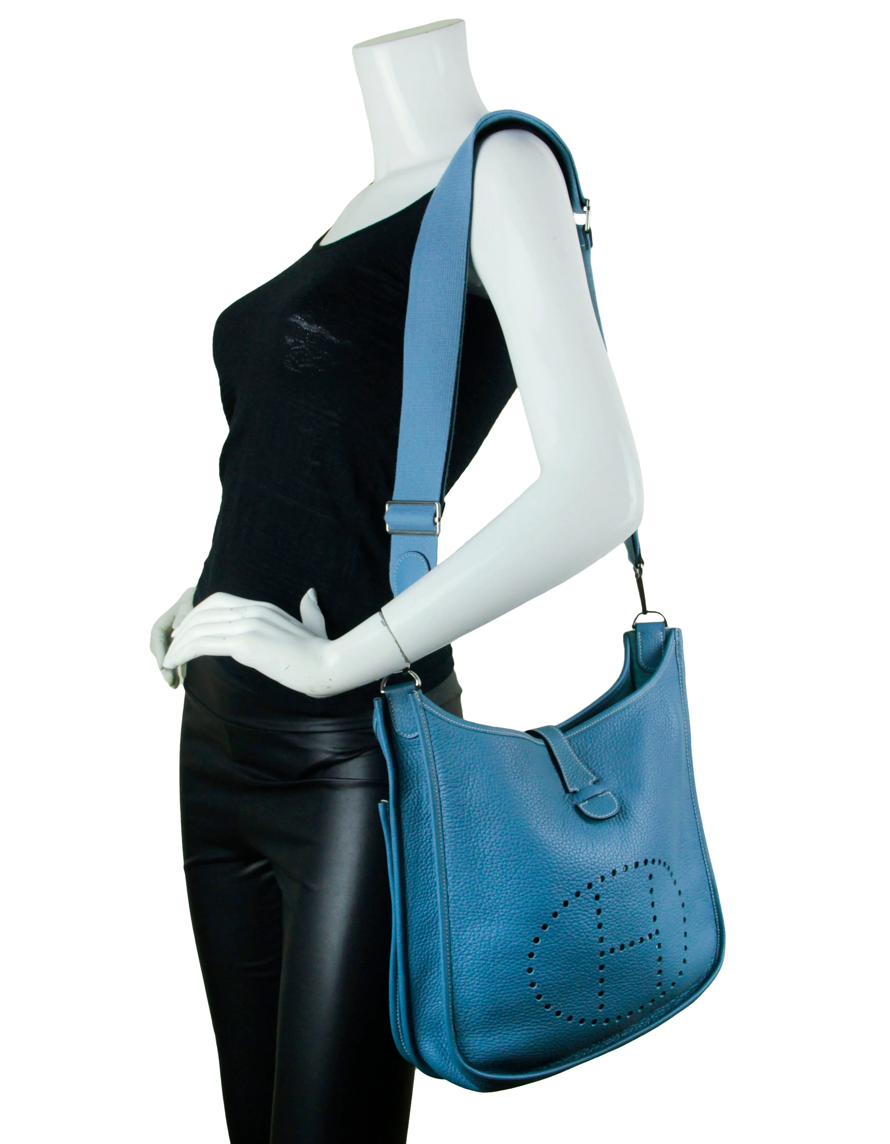 Hermes Blue Jean Clemence Leather Evelyne III PM Messenger Bag