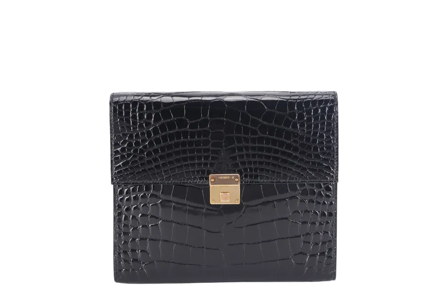 HERMES CLIC 16 BLACK SHINY ALLIGATOR STAMP Y (YEAR 2020) RGHW WITH STRAP WITH DUST COVER