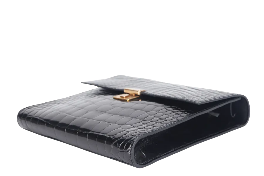 HERMES CLIC 16 BLACK SHINY ALLIGATOR STAMP Y (YEAR 2020) RGHW WITH STRAP WITH DUST COVER