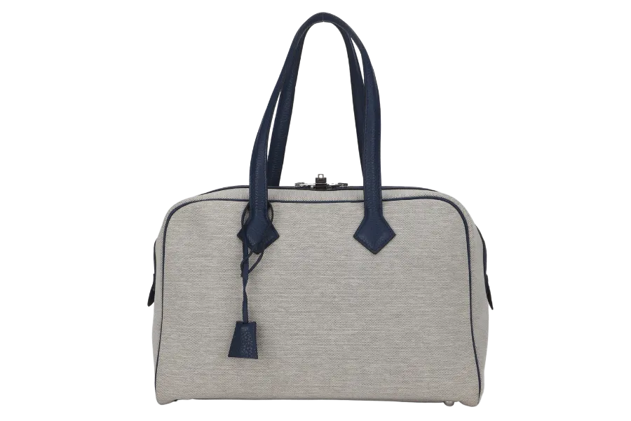 HERMES VICTORIA 35 TOILE X BLUE DE MALTE (STAMP Q) WITH KEYS & DUST COVER, NO LOCK