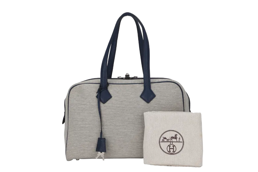 HERMES VICTORIA 35 TOILE X BLUE DE MALTE (STAMP Q) WITH KEYS & DUST COVER, NO LOCK
