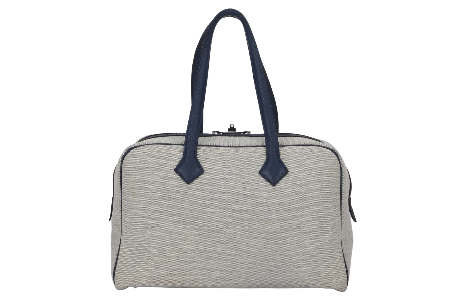HERMES VICTORIA 35 TOILE X BLUE DE MALTE (STAMP Q) WITH KEYS & DUST COVER, NO LOCK
