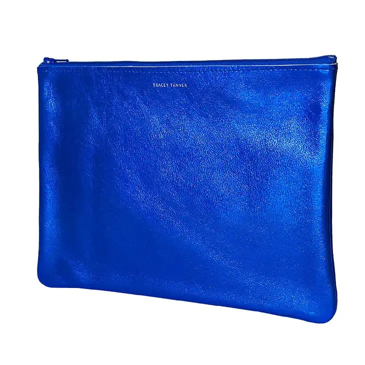large leather zip pouch - cobalt