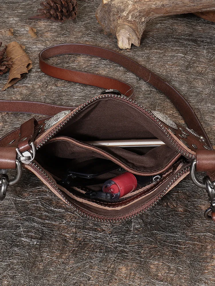 Leather Womens Rivets Shoulder Bags Saddle Vintage Slim Crossbody Purse for Women
