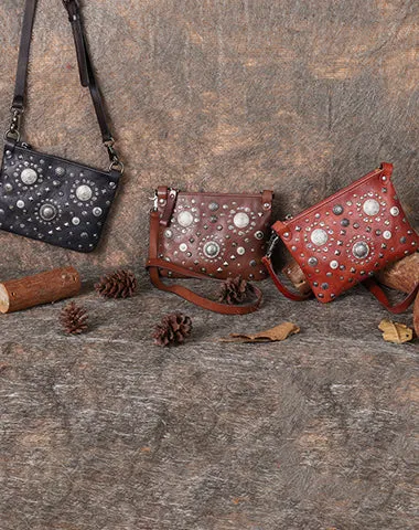 Leather Womens Rivets Shoulder Bags Saddle Vintage Slim Crossbody Purse for Women