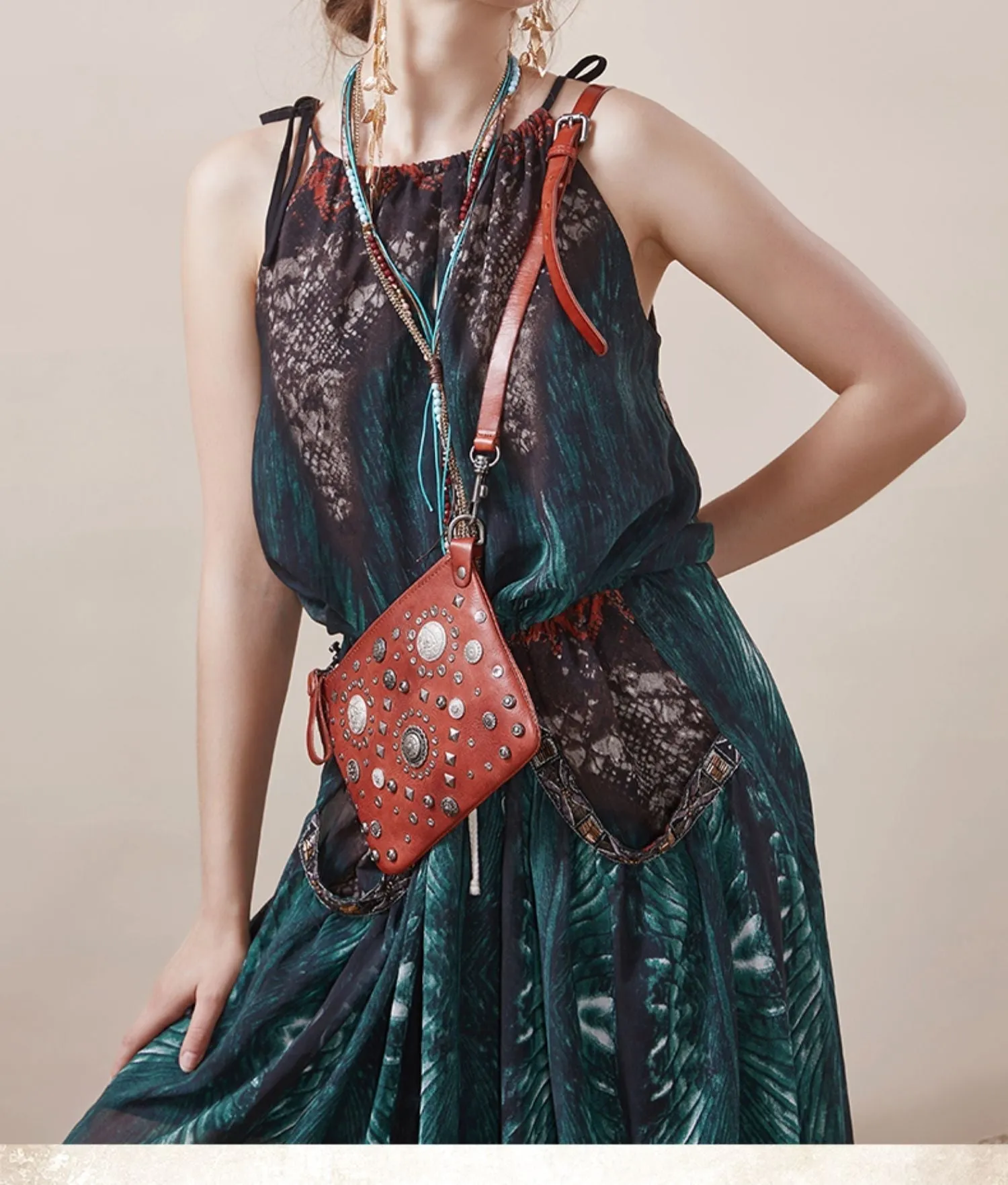 Leather Womens Rivets Shoulder Bags Saddle Vintage Slim Crossbody Purse for Women