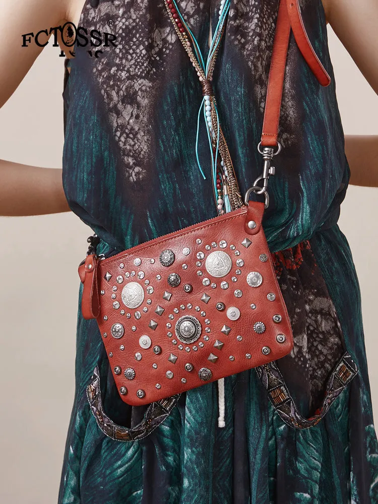 Leather Womens Rivets Shoulder Bags Saddle Vintage Slim Crossbody Purse for Women