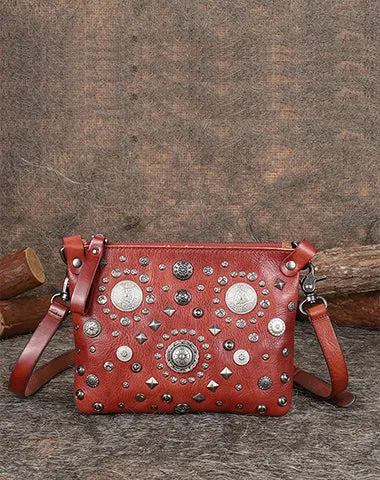 Leather Womens Rivets Shoulder Bags Saddle Vintage Slim Crossbody Purse for Women