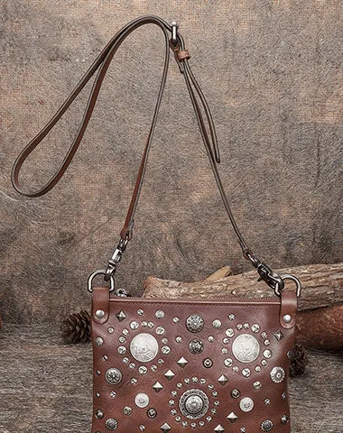 Leather Womens Rivets Shoulder Bags Saddle Vintage Slim Crossbody Purse for Women