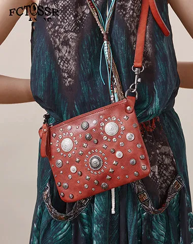 Leather Womens Rivets Shoulder Bags Saddle Vintage Slim Crossbody Purse for Women
