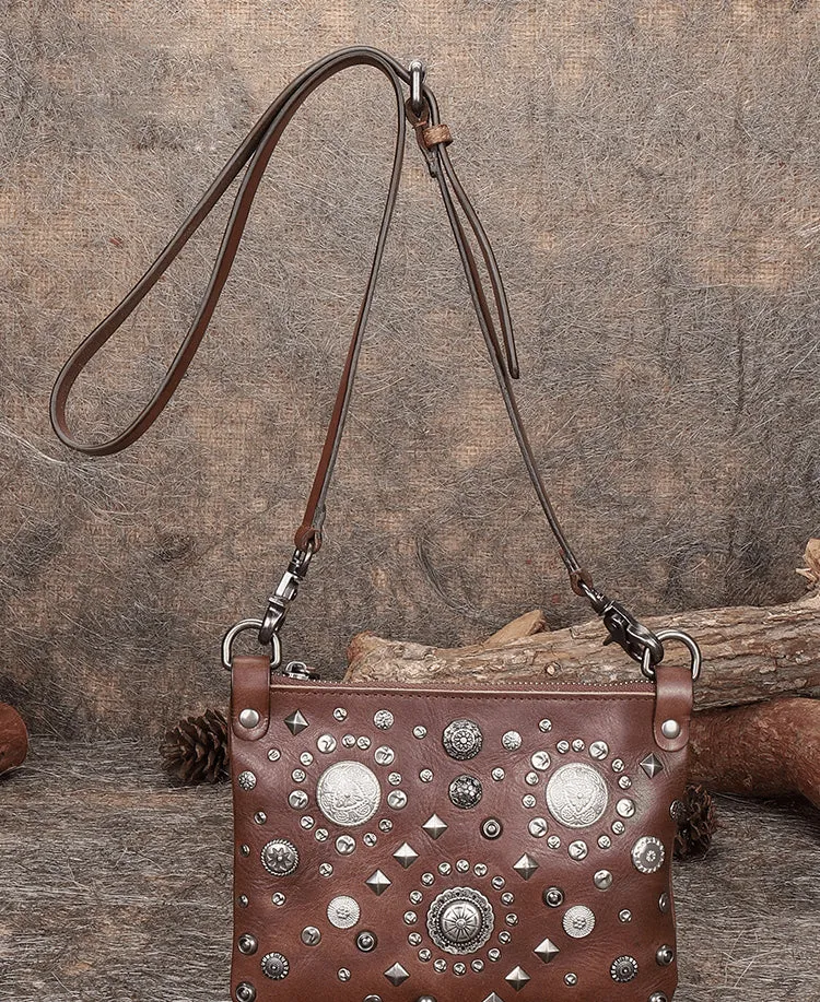 Leather Womens Rivets Shoulder Bags Saddle Vintage Slim Crossbody Purse for Women