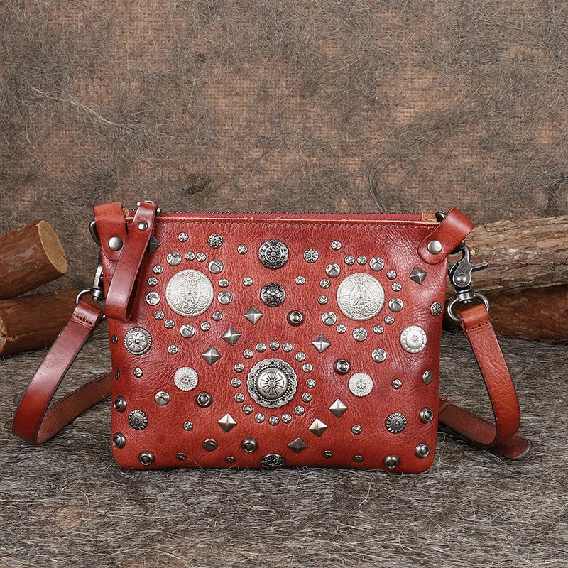 Leather Womens Rivets Shoulder Bags Saddle Vintage Slim Crossbody Purse for Women