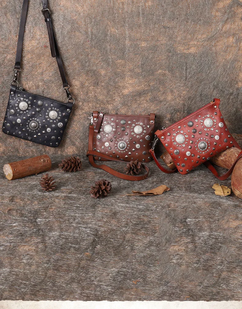 Leather Womens Rivets Shoulder Bags Saddle Vintage Slim Crossbody Purse for Women