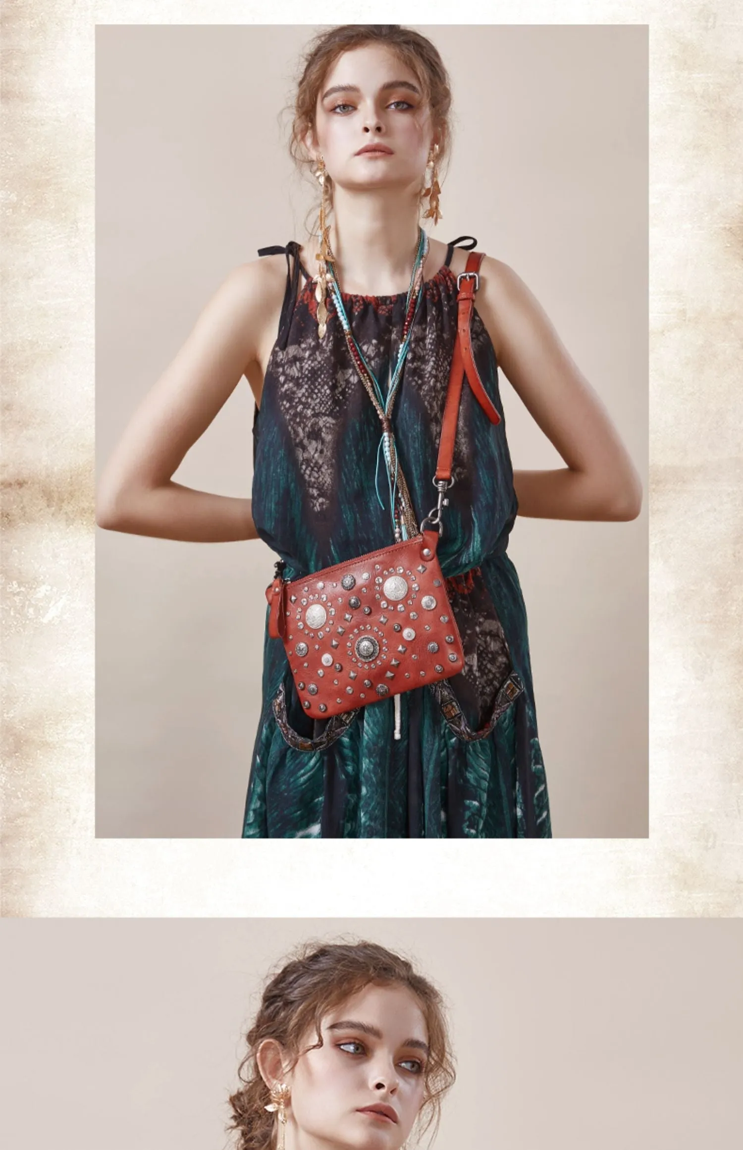 Leather Womens Rivets Shoulder Bags Saddle Vintage Slim Crossbody Purse for Women