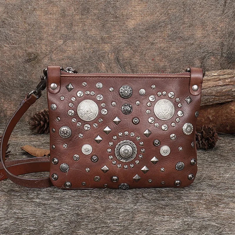 Leather Womens Rivets Shoulder Bags Saddle Vintage Slim Crossbody Purse for Women