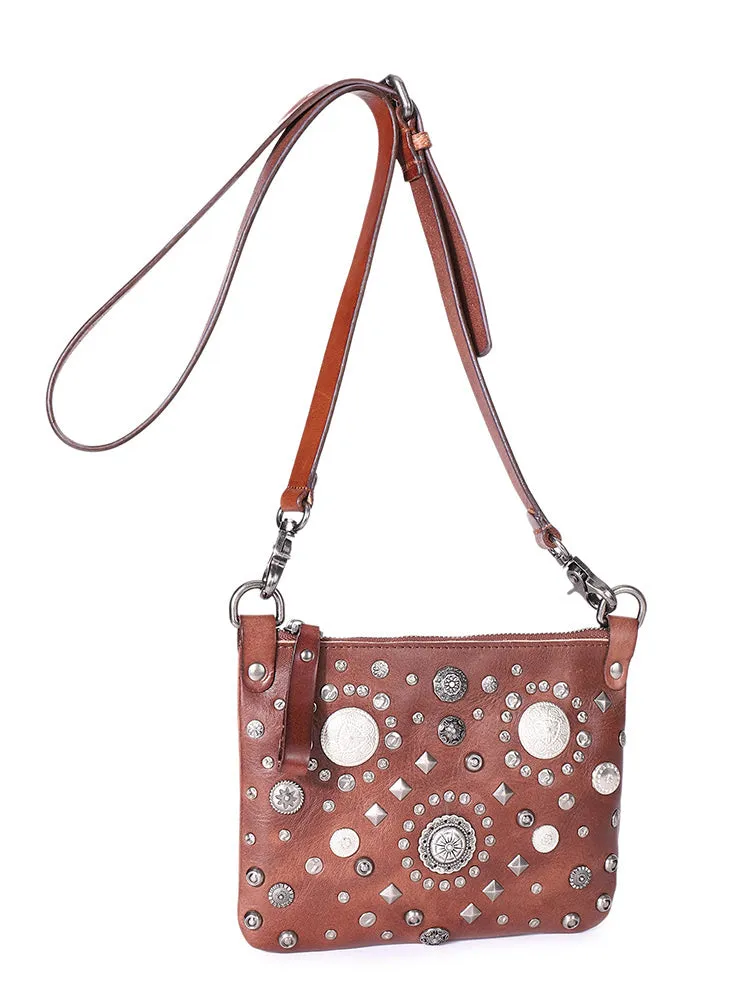 Leather Womens Rivets Shoulder Bags Saddle Vintage Slim Crossbody Purse for Women
