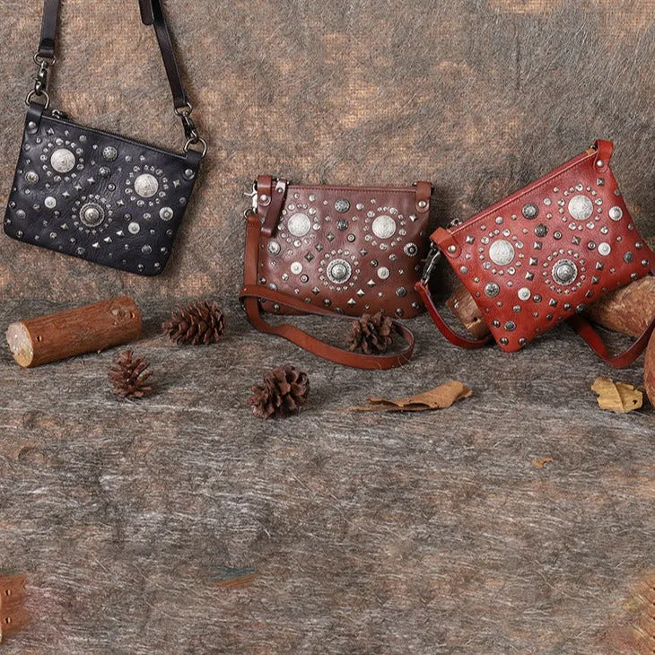 Leather Womens Rivets Shoulder Bags Saddle Vintage Slim Crossbody Purse for Women