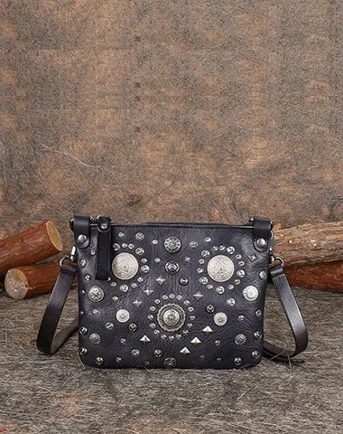 Leather Womens Rivets Shoulder Bags Saddle Vintage Slim Crossbody Purse for Women