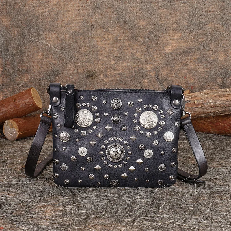 Leather Womens Rivets Shoulder Bags Saddle Vintage Slim Crossbody Purse for Women