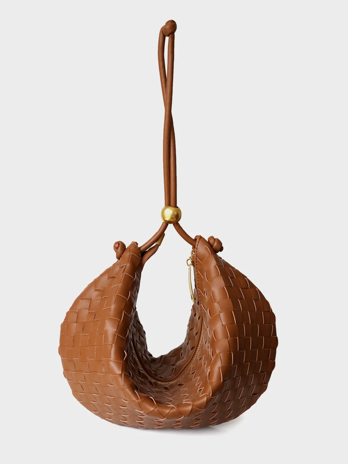 Leather Woven Mini Clutch Bag Dumpling Wrist Pouch Gold Ball Detail Crescent Bag