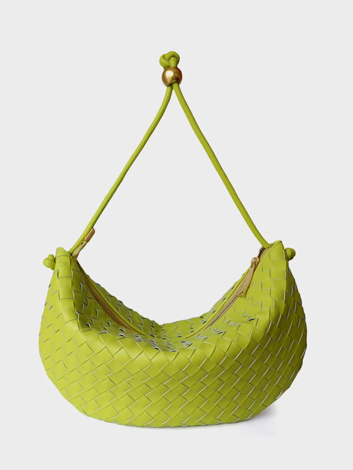 Leather Woven Mini Clutch Bag Dumpling Wrist Pouch Gold Ball Detail Crescent Bag