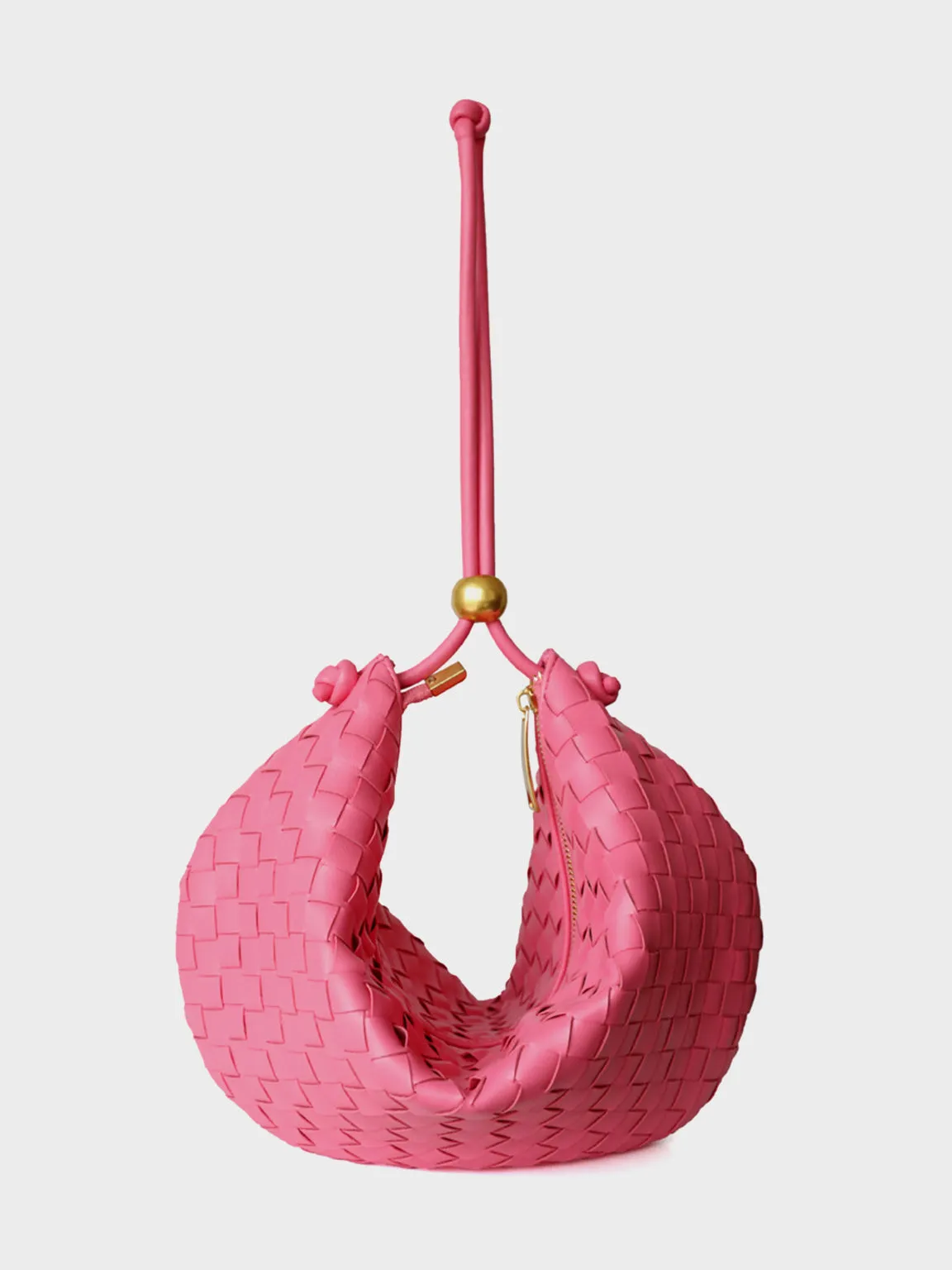 Leather Woven Mini Clutch Bag Dumpling Wrist Pouch Gold Ball Detail Crescent Bag