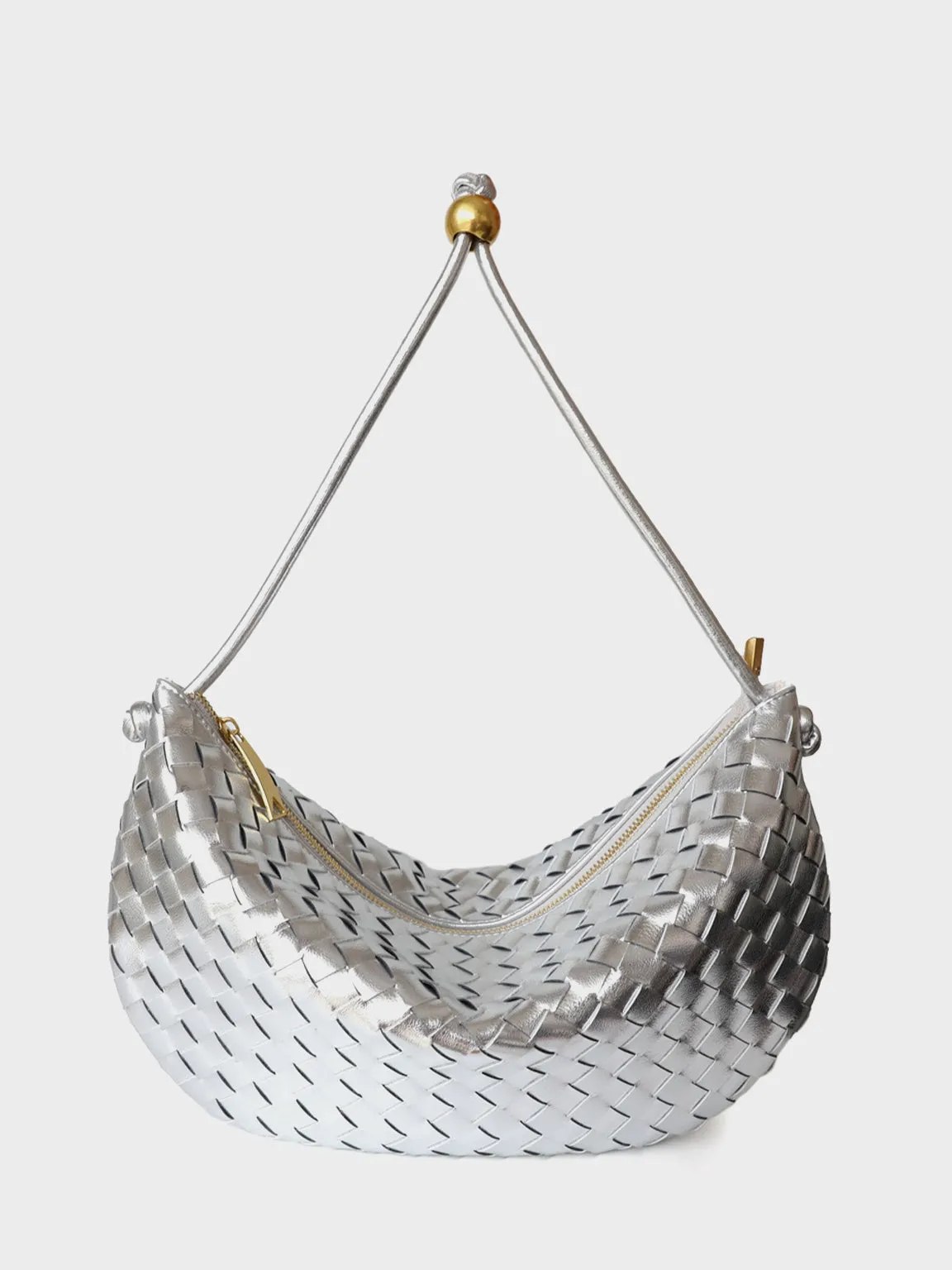 Leather Woven Mini Clutch Bag Dumpling Wrist Pouch Gold Ball Detail Crescent Bag