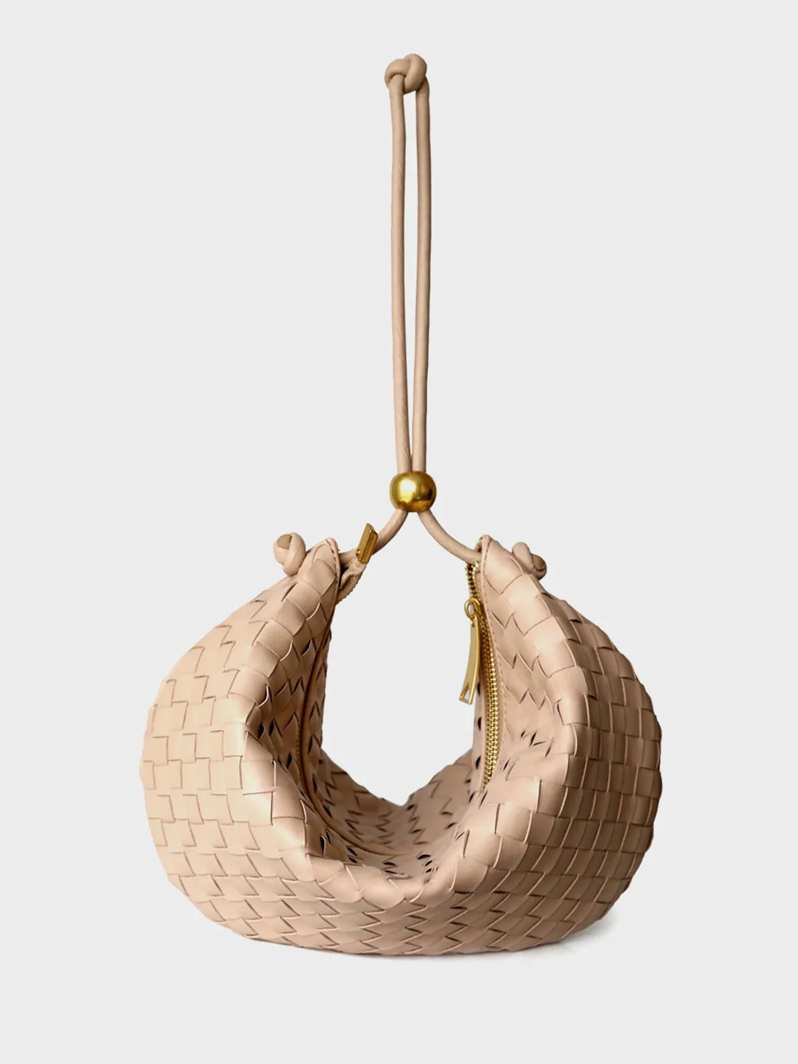 Leather Woven Mini Clutch Bag Dumpling Wrist Pouch Gold Ball Detail Crescent Bag