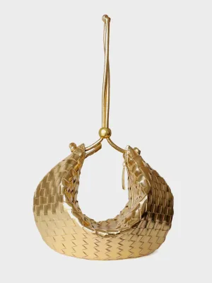 Leather Woven Mini Clutch Bag Dumpling Wrist Pouch Gold Ball Detail Crescent Bag