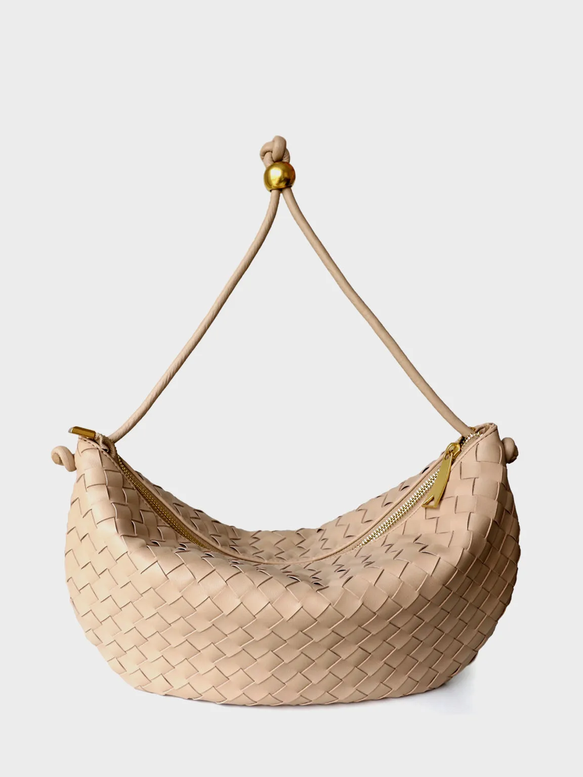 Leather Woven Mini Clutch Bag Dumpling Wrist Pouch Gold Ball Detail Crescent Bag