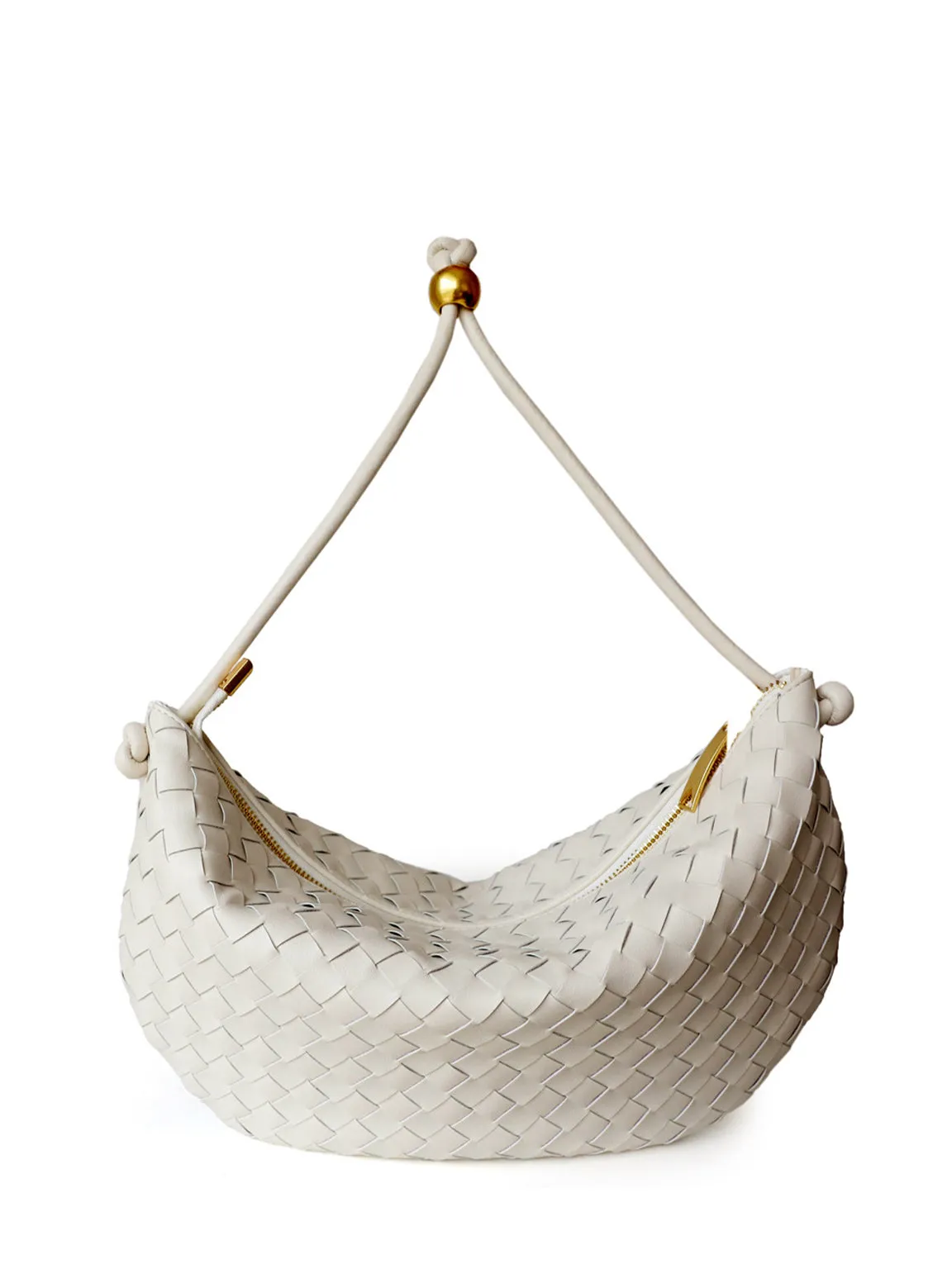 Leather Woven Mini Clutch Bag Dumpling Wrist Pouch Gold Ball Detail Crescent Bag