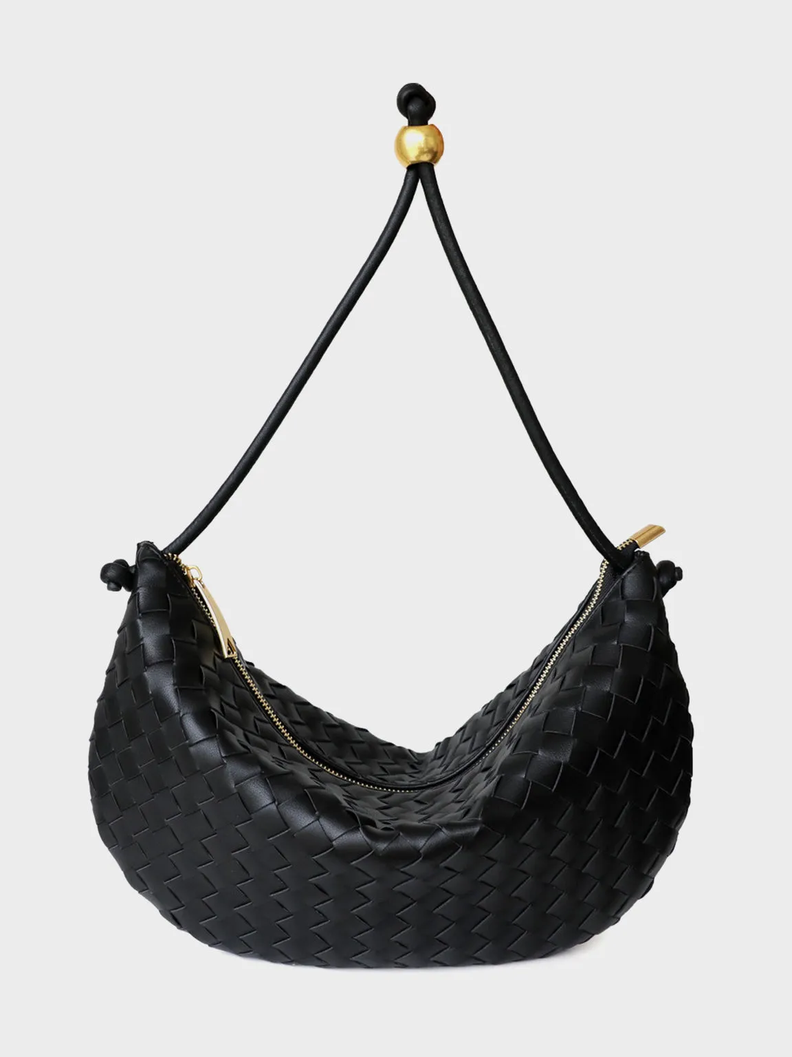 Leather Woven Mini Clutch Bag Dumpling Wrist Pouch Gold Ball Detail Crescent Bag