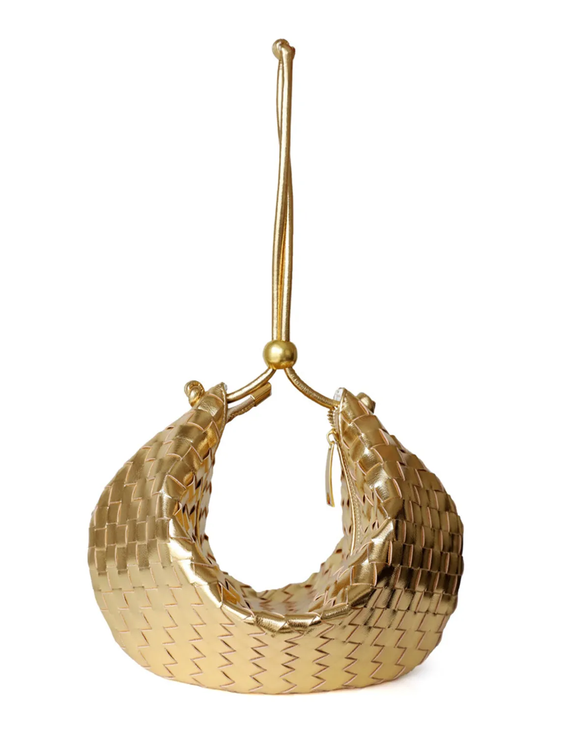 Leather Woven Mini Clutch Bag Dumpling Wrist Pouch Gold Ball Detail Crescent Bag