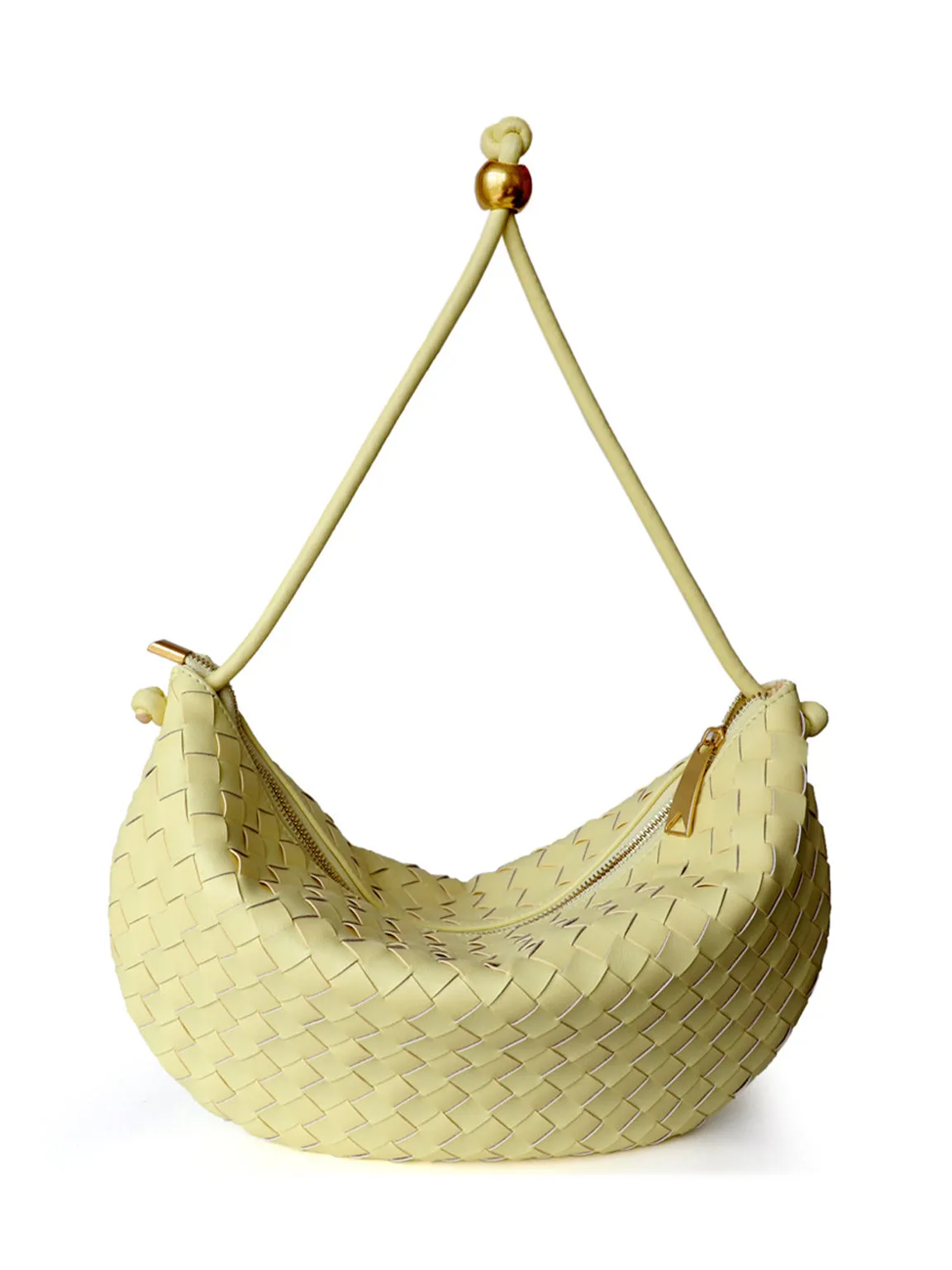 Leather Woven Mini Clutch Bag Dumpling Wrist Pouch Gold Ball Detail Crescent Bag