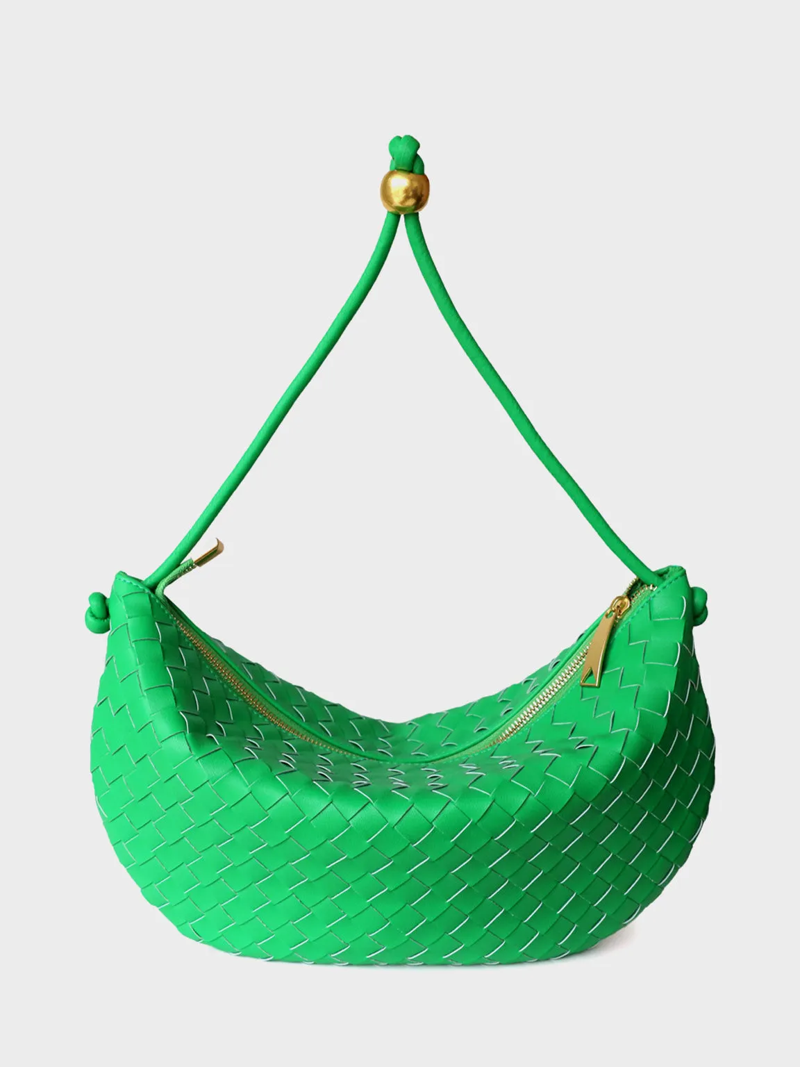Leather Woven Mini Clutch Bag Dumpling Wrist Pouch Gold Ball Detail Crescent Bag