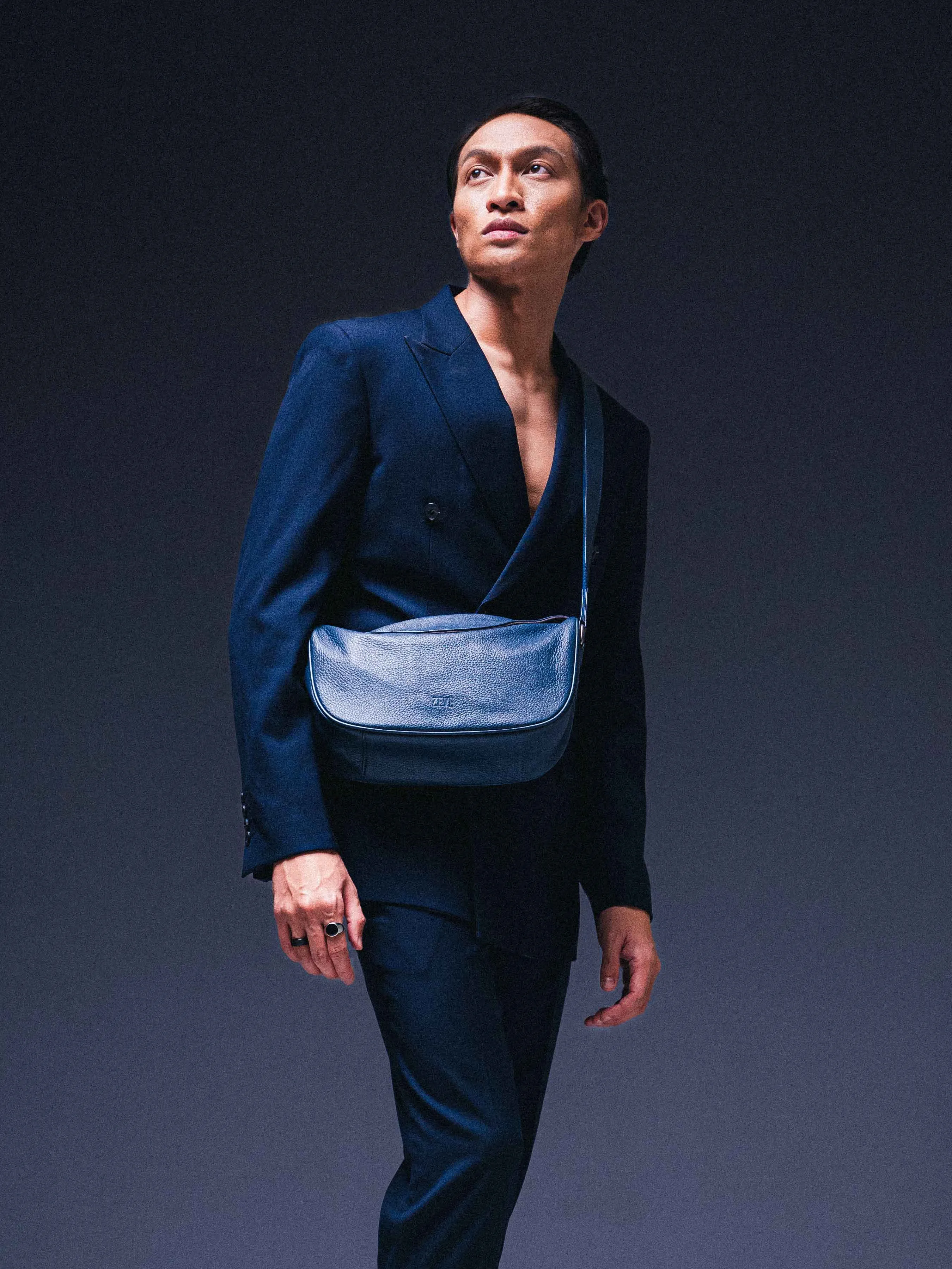 Leone Crossbody Bag - Navy Blue Pebble Grain Leather