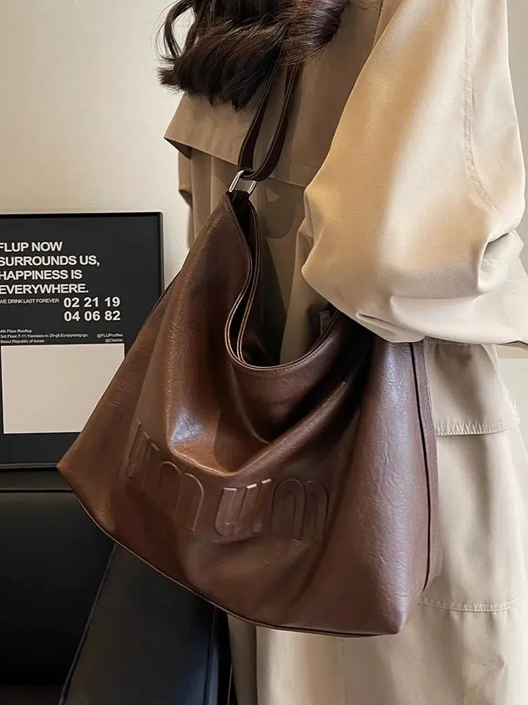 Letter Embossing Leather Tote Bag