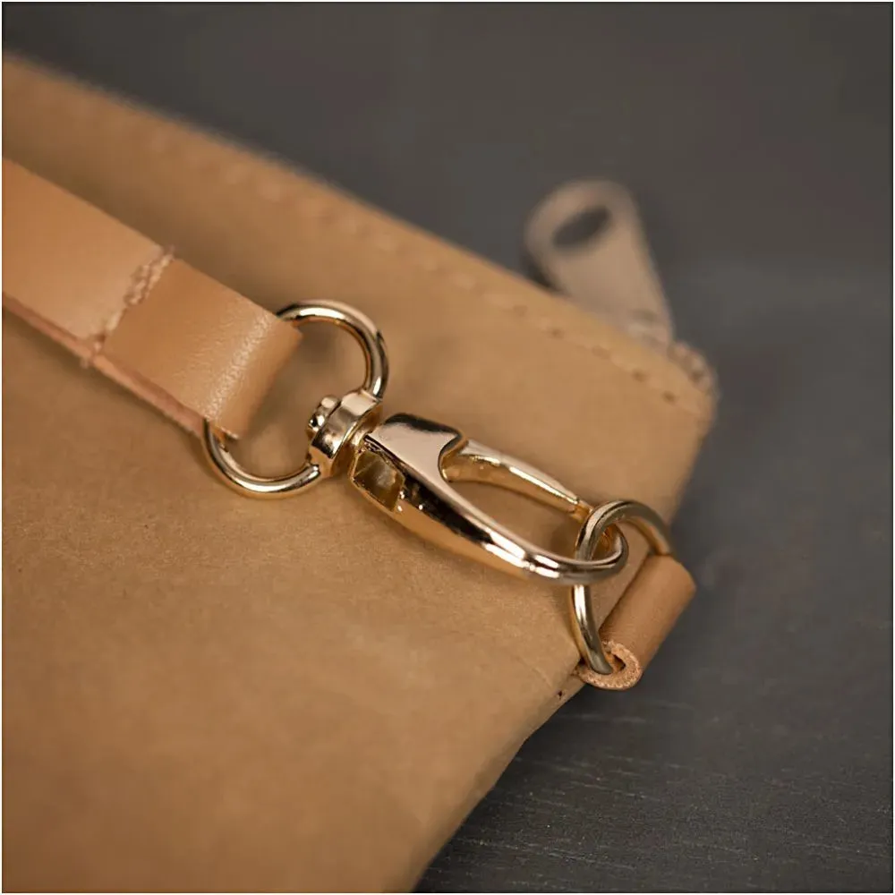 Light Brown Faux Leather Paper Clutch Hand Bag With Gold Zipper Removable Strap