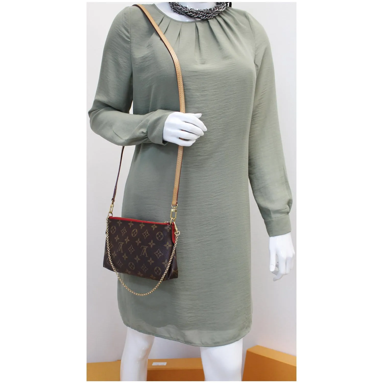 LOUIS VUITTON Pallas Monogram Canvas Clutch Crossbody Bag Brown