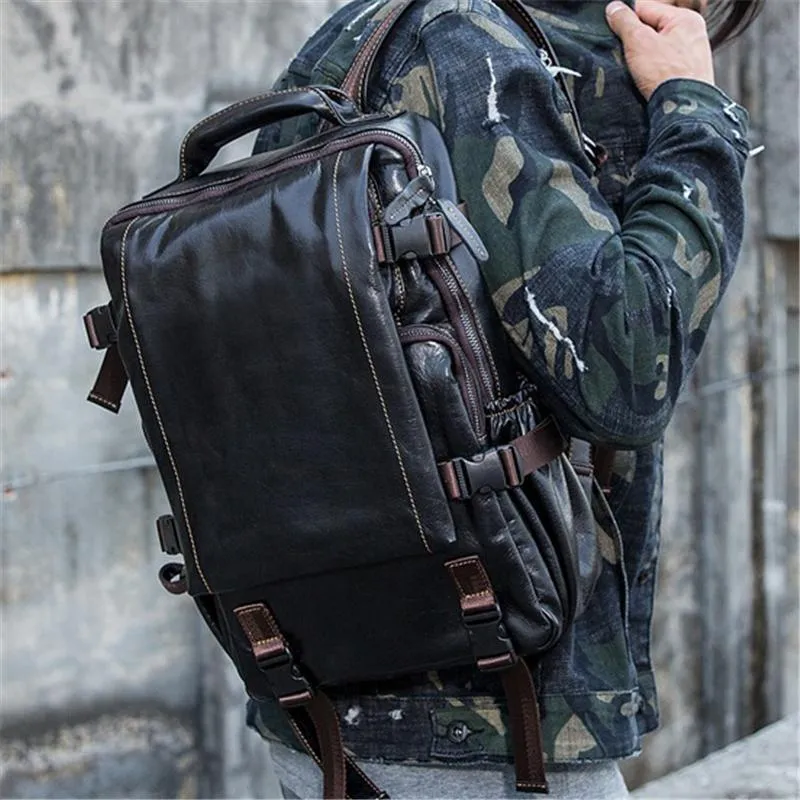 Men's Vintage Leather Buckle Large Capacity Backpack