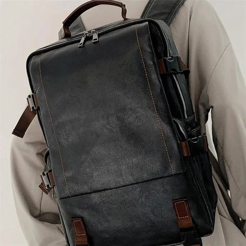 Men's Vintage Leather Buckle Large Capacity Backpack