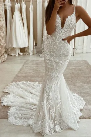 Mermaid V-neck Straps Lace Appliques Wedding Dress