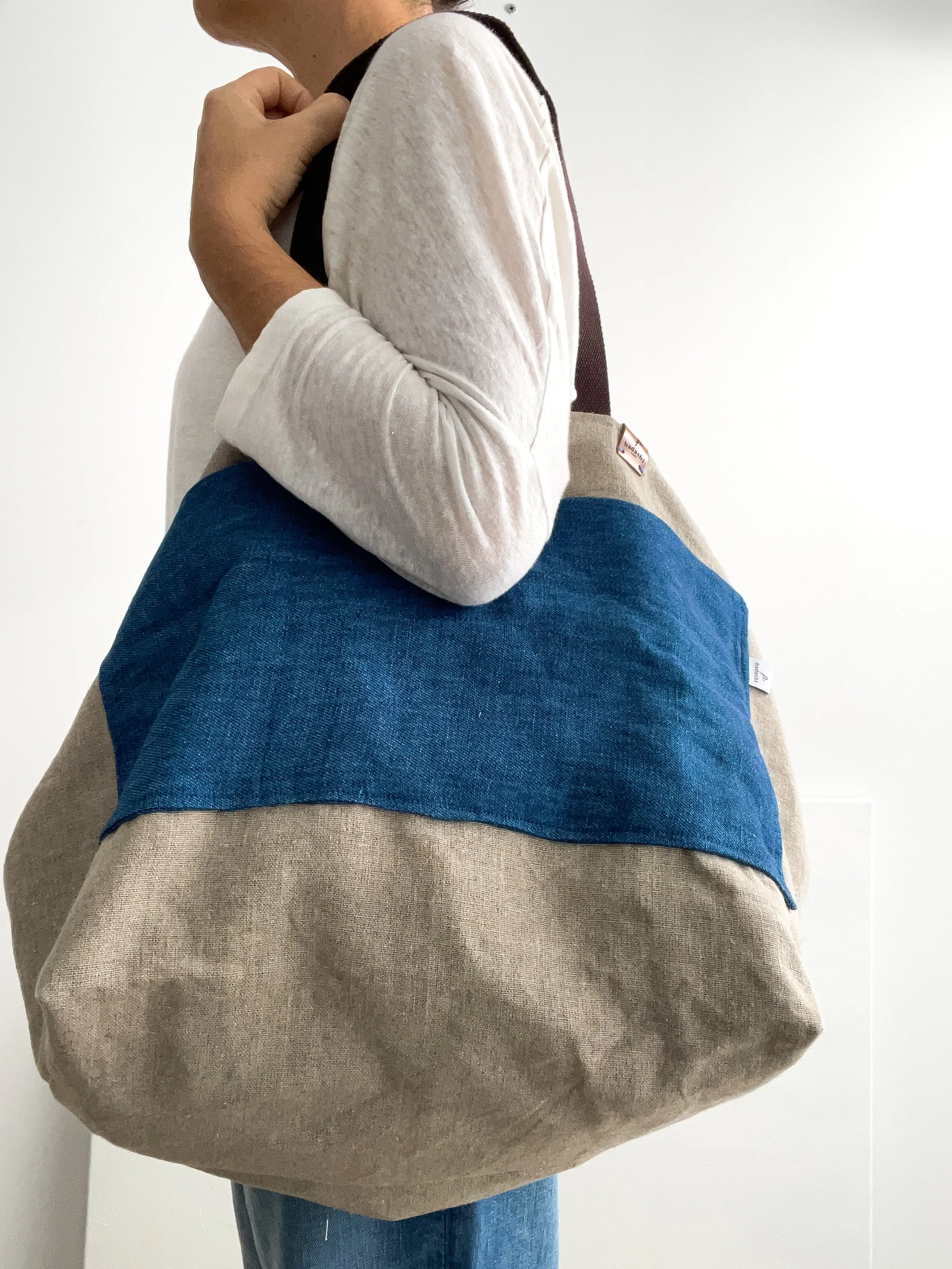 MIDI beach bag: natural   indigo details