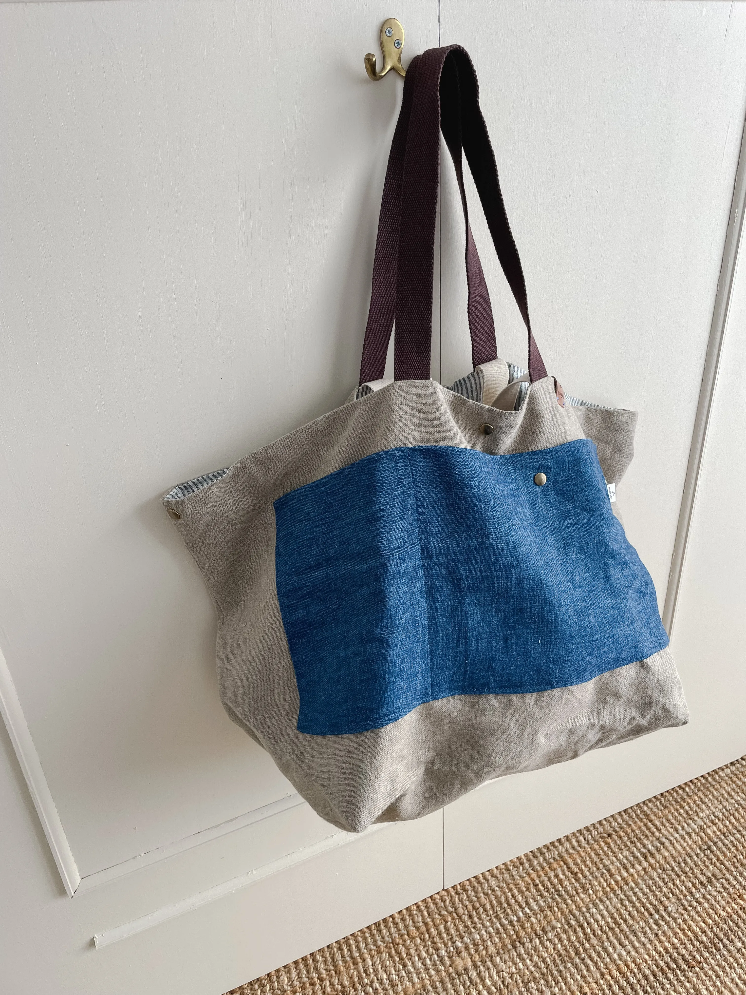 MIDI beach bag: natural   indigo details