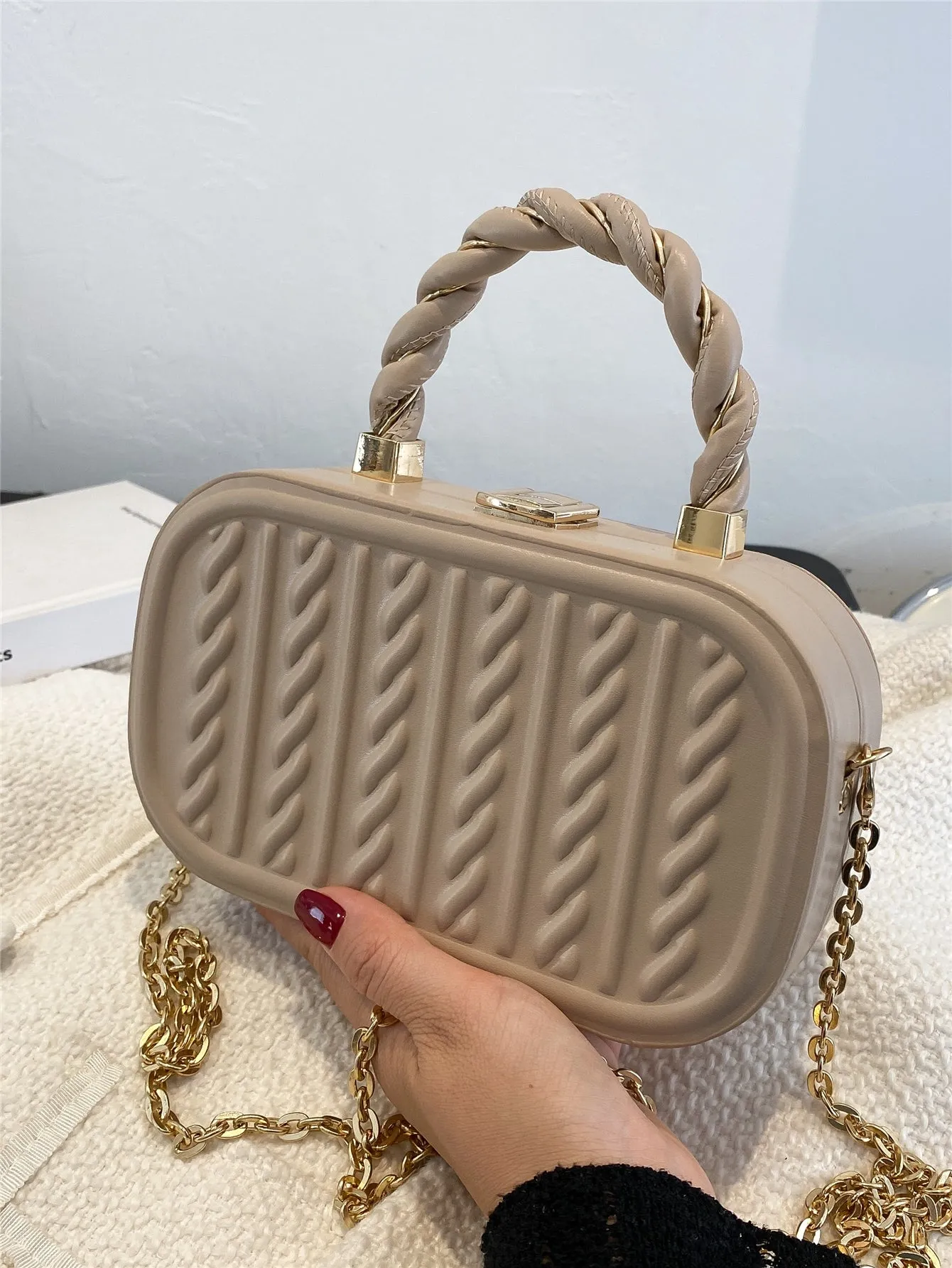 Mini Minimalist Braided Design Box Bag - Khaki
