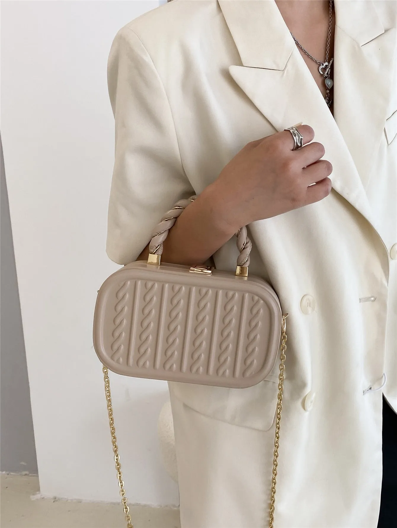Mini Minimalist Braided Design Box Bag - Khaki