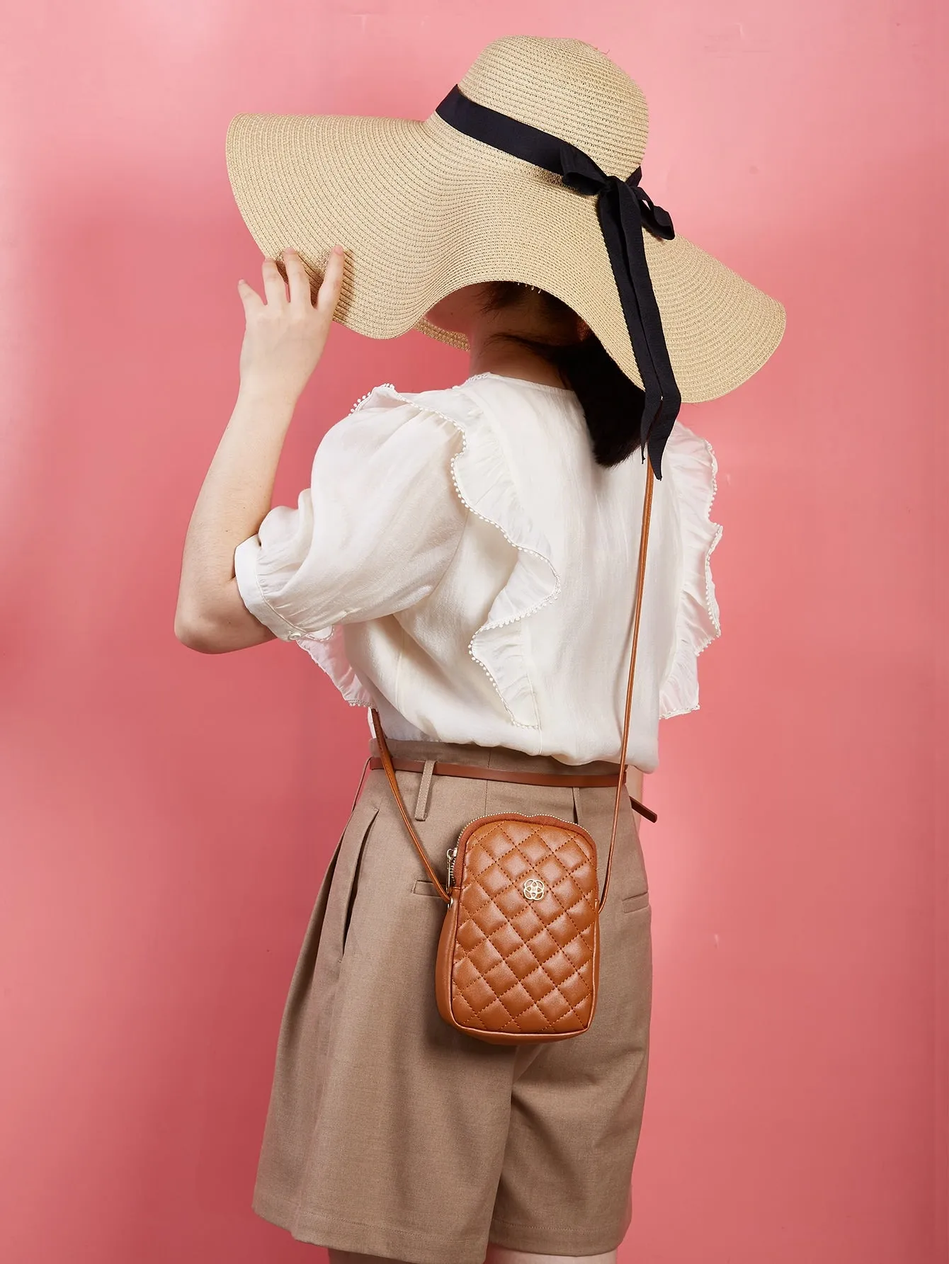 Mini Minimalist Quilted Metal Decor Crossbody Bag - Brown - FD ⚡