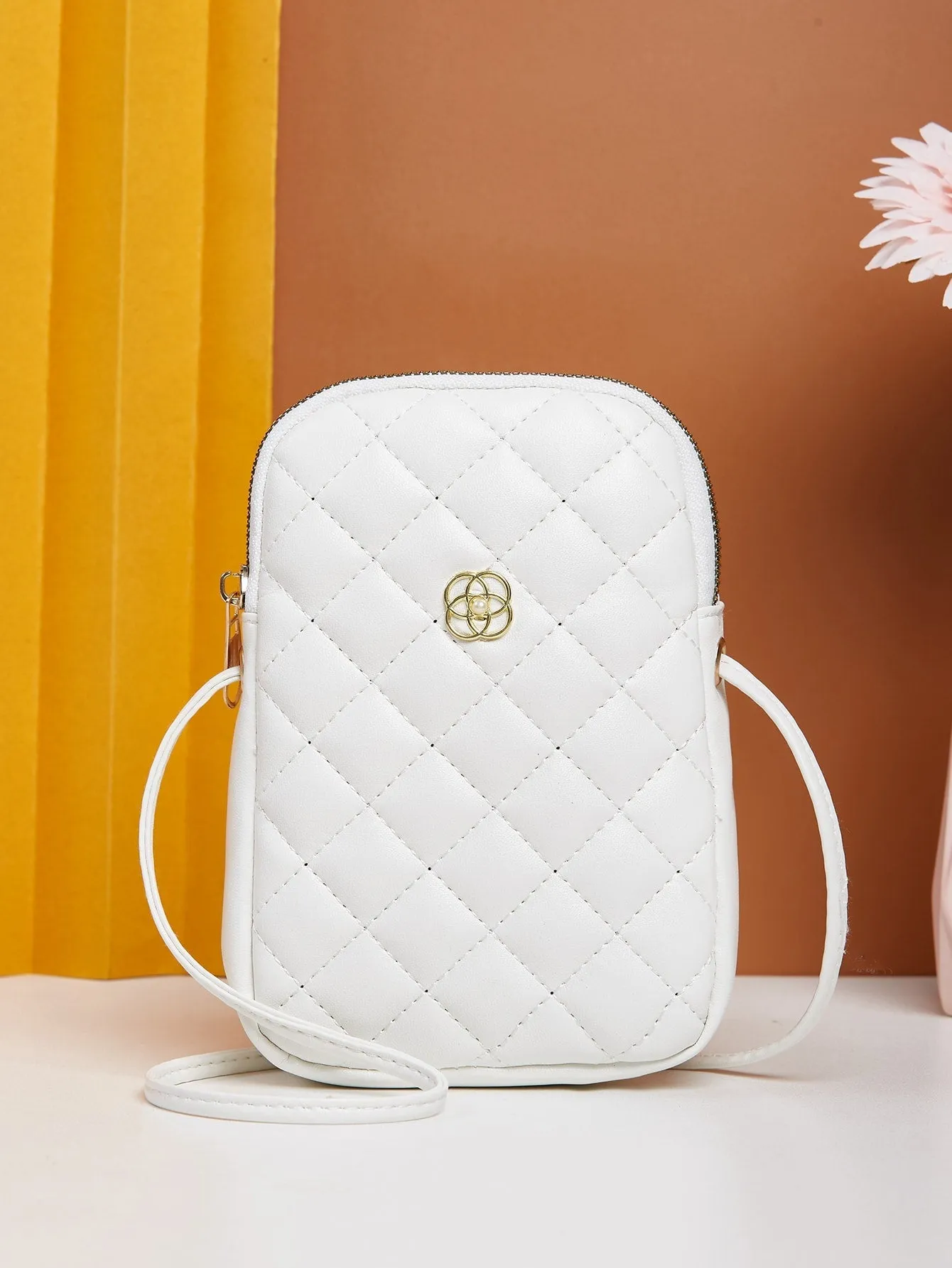 Mini Minimalist Quilted Metal Decor Crossbody Bag - White - FD ⚡