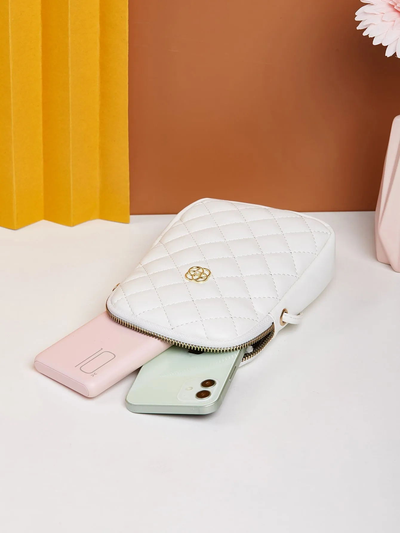 Mini Minimalist Quilted Metal Decor Crossbody Bag - White - FD ⚡